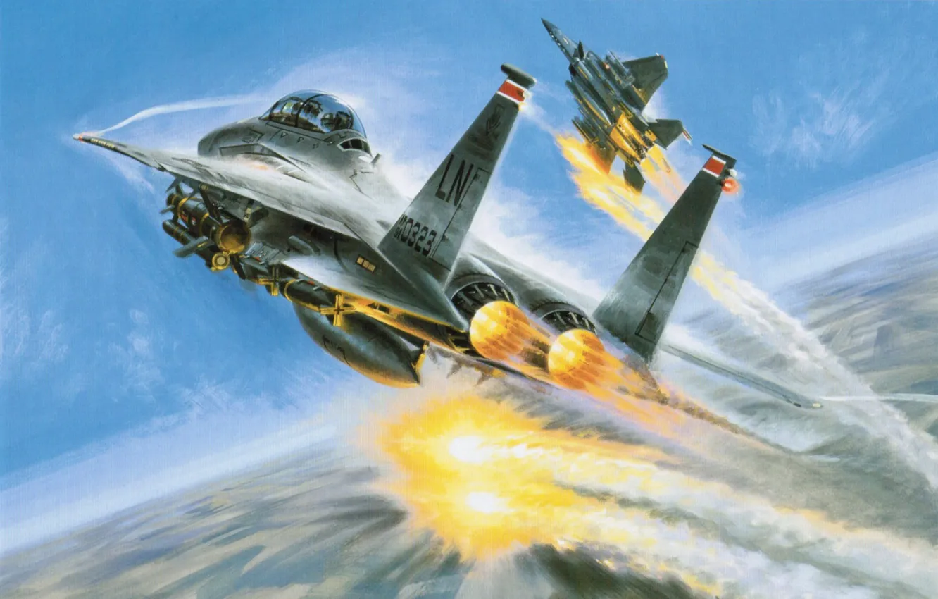 Photo wallpaper war, art, painting, aviation, McDonnell Douglas F-15 Eagle, jet, air combat