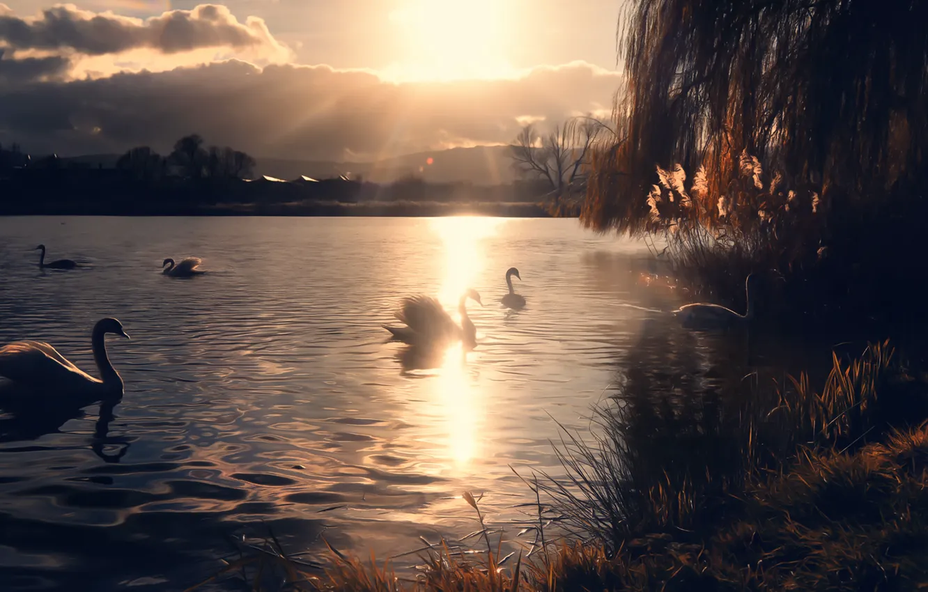 Photo wallpaper the sun, lake, swans, Miss Froggi