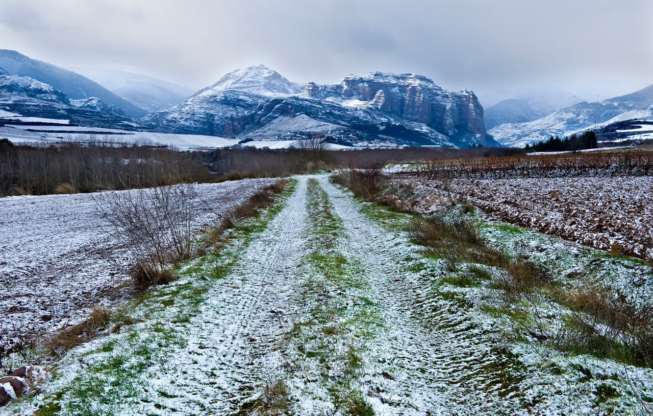 Photo wallpaper road, field, the sky, snow, mountains