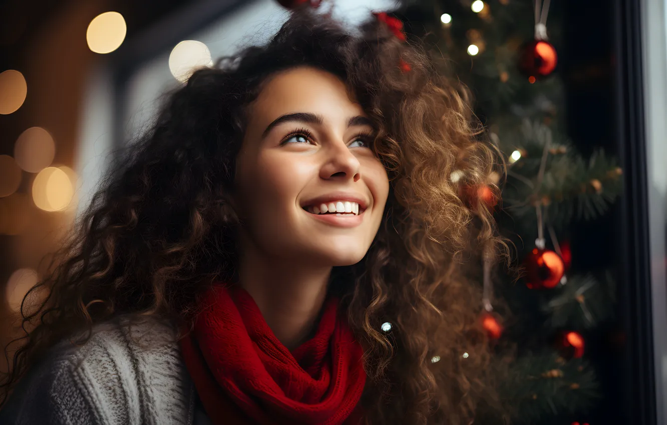 Photo wallpaper girl, joy, face, smile, emotions, holiday, new year, portrait