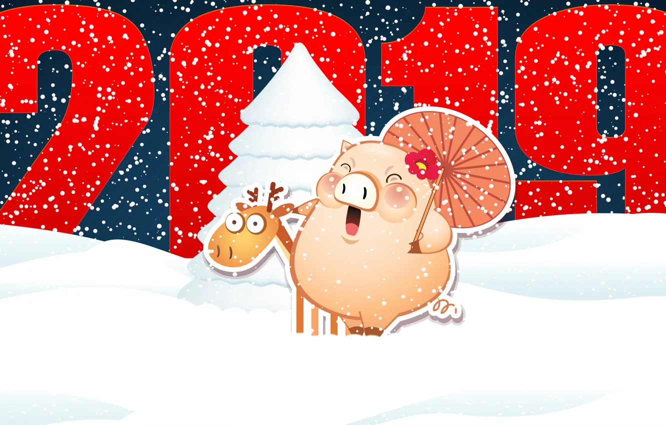 Photo wallpaper Minimalism, Pig, Snow, Christmas, Umbrella, Deer, Snowflakes, Background