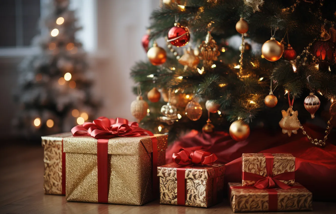 Photo wallpaper balls, lights, room, box, gift, Board, new year, Christmas