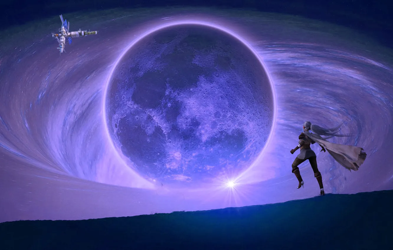 Photo wallpaper spaceship, rendering, cloak, guy, the portal, planet, jump, space