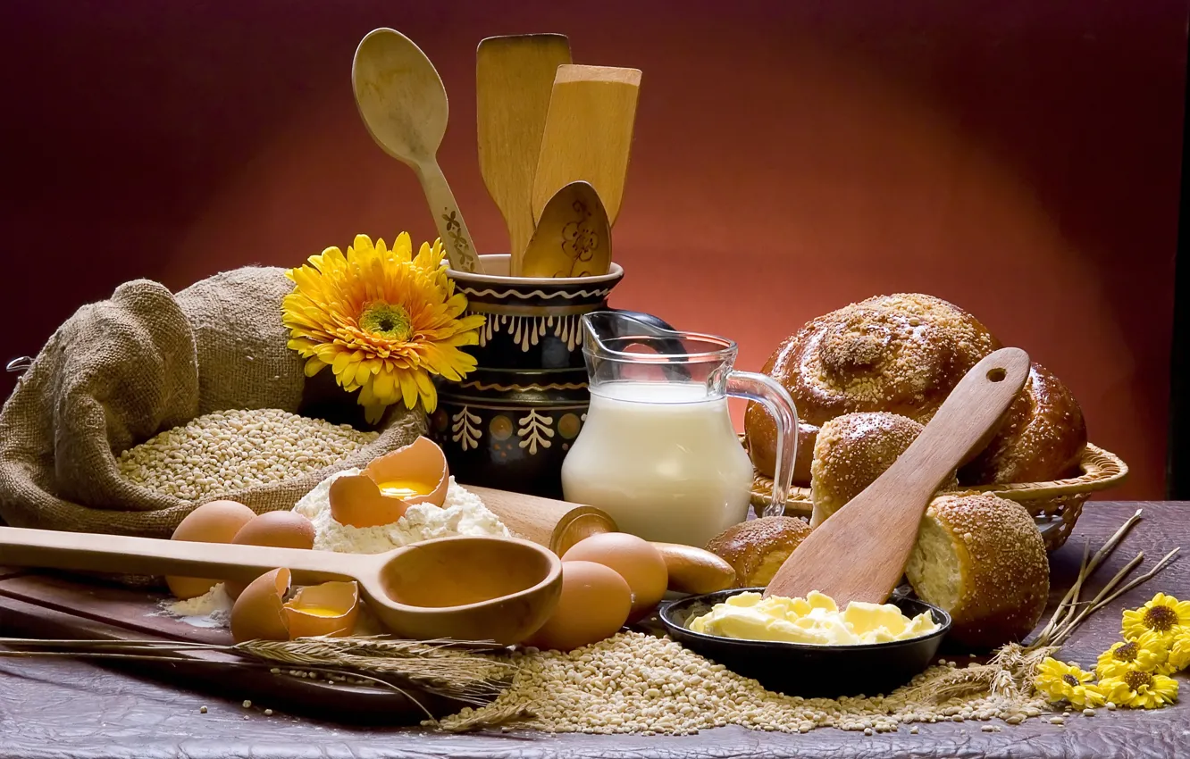 Photo wallpaper flowers, table, grain, milk, plate, bread, ears, Board