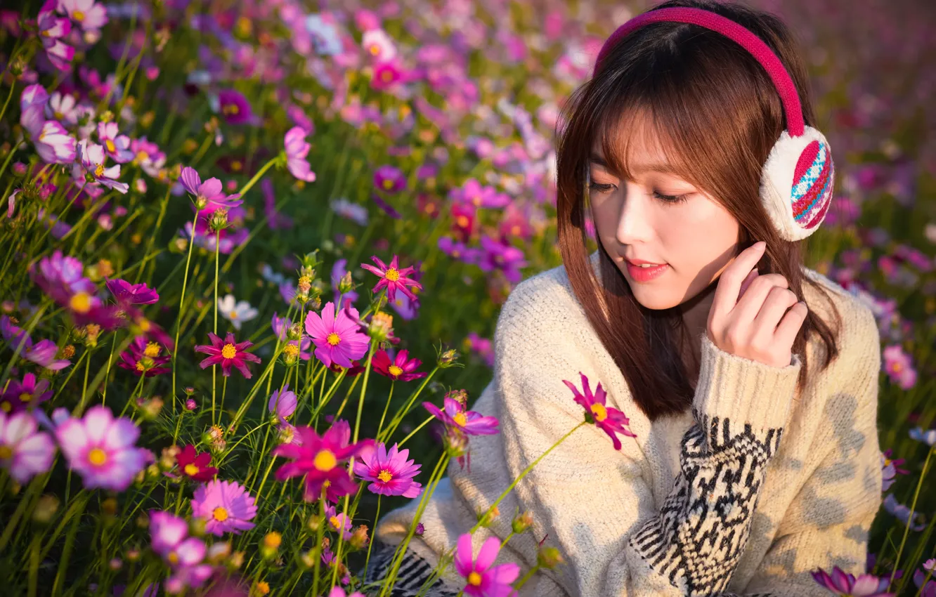 Photo wallpaper girl, flowers, background, petals