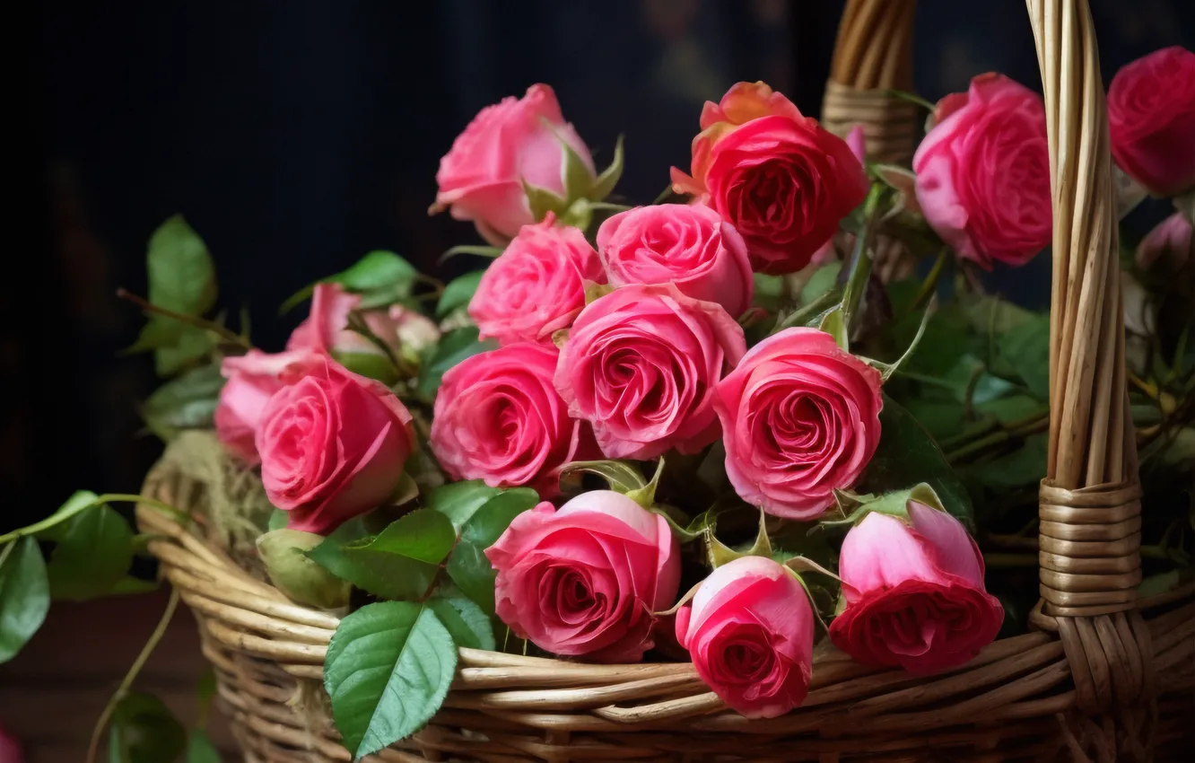 Photo wallpaper flowers, universal holiday background, holiday, bouquet, AI art, basket, roses, neural network