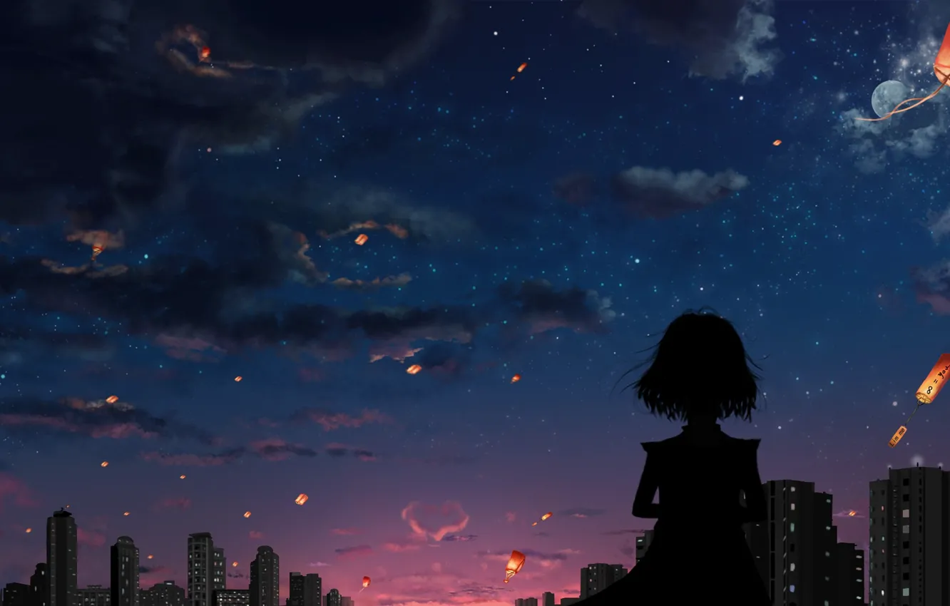 Photo wallpaper clouds, sunset, the city, the evening, silhouette, girl, heart