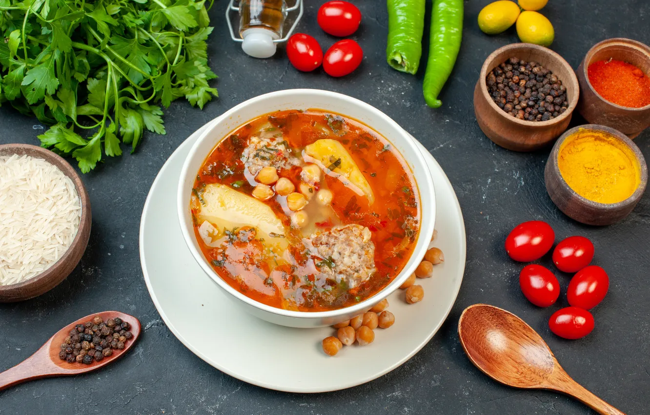 Photo wallpaper meat, table, yummy, greens, soup, seasonings