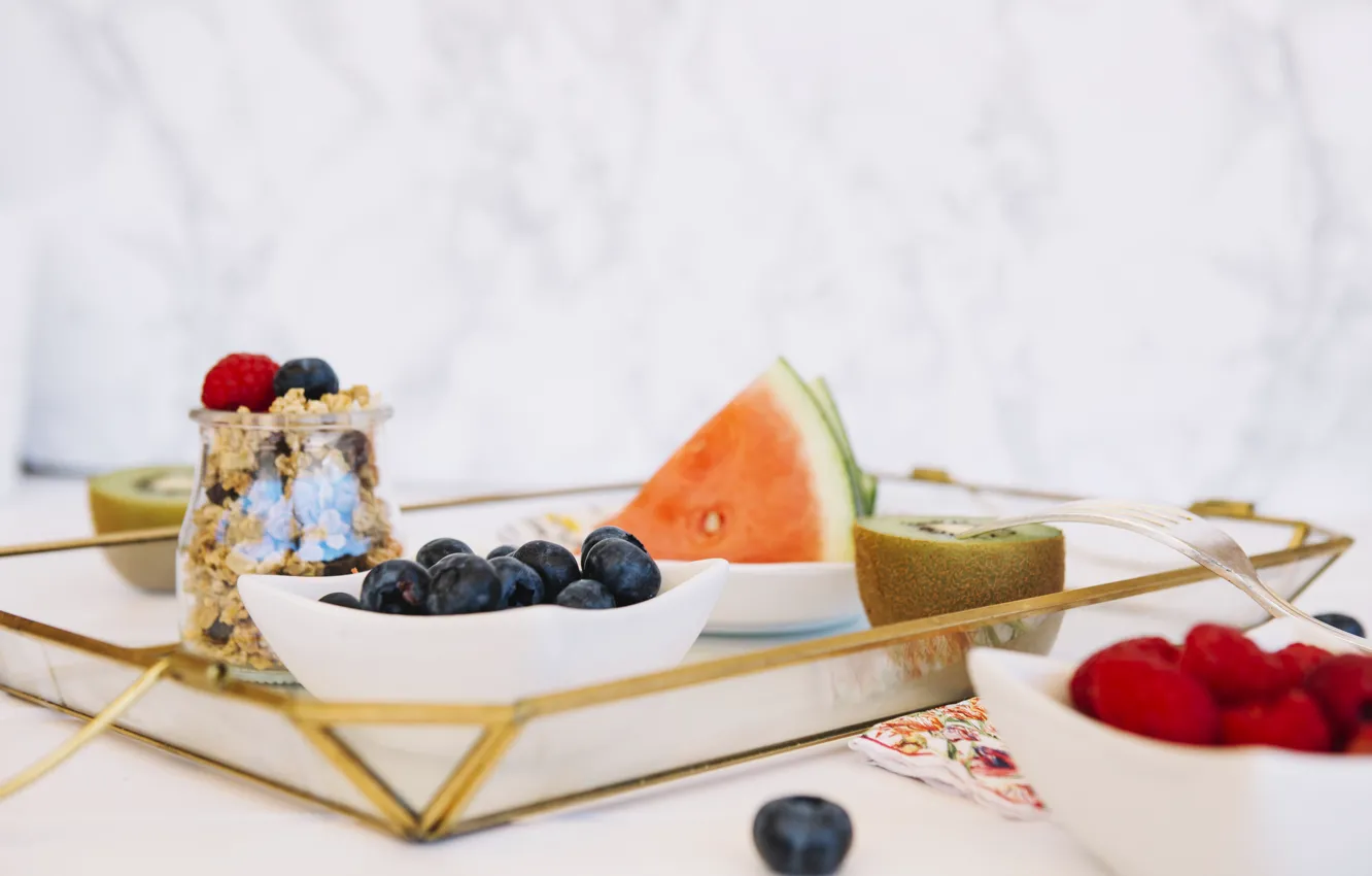 Photo wallpaper berries, Breakfast, watermelon, fruit, granola