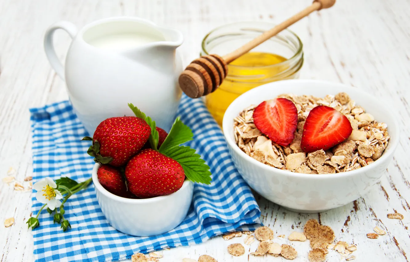 Photo wallpaper Breakfast, strawberry, honey, muesli, oatmeal, Olena Rudo