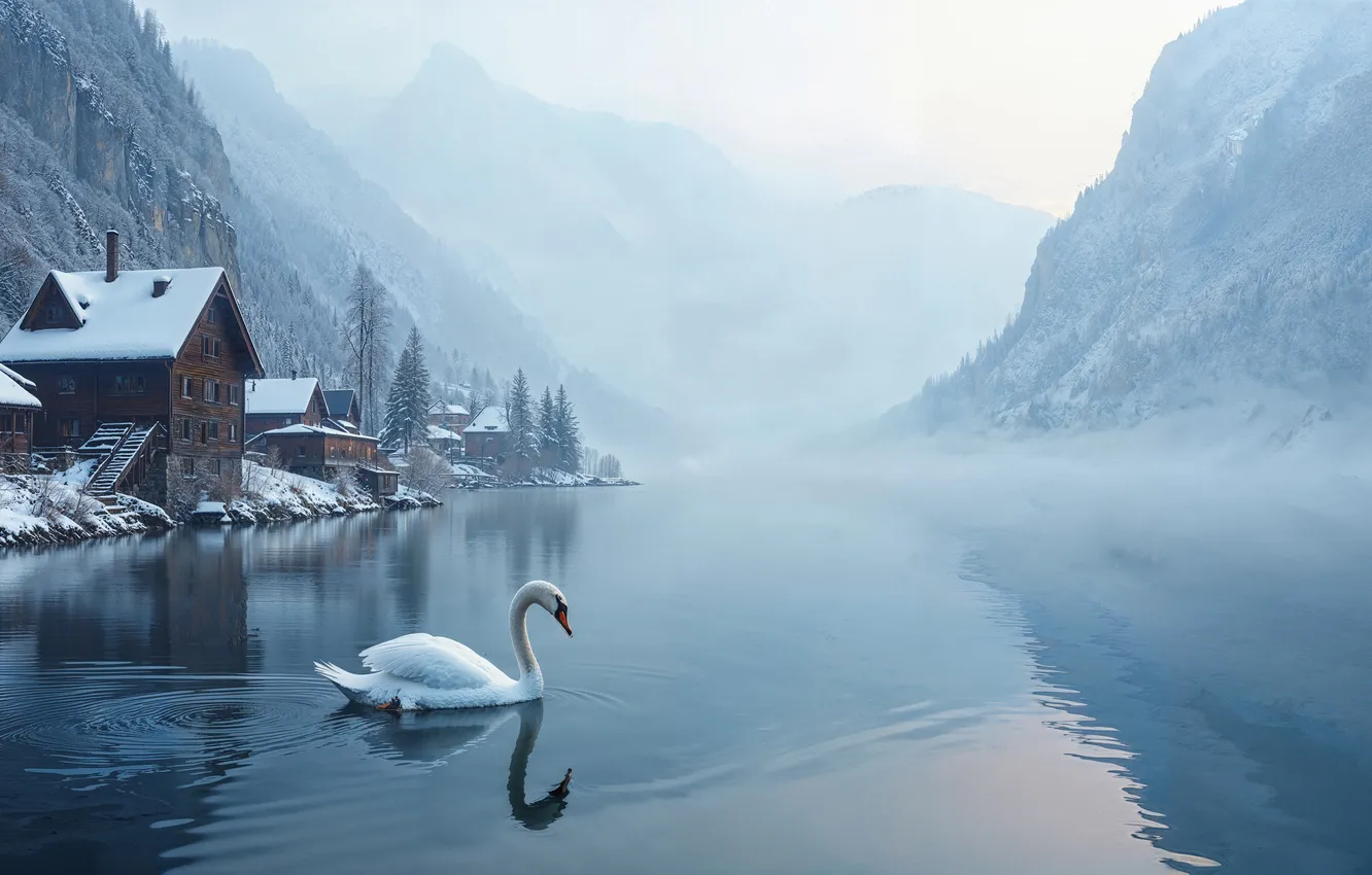 Photo wallpaper winter, forest, snow, mountains, lake, river, tree, house