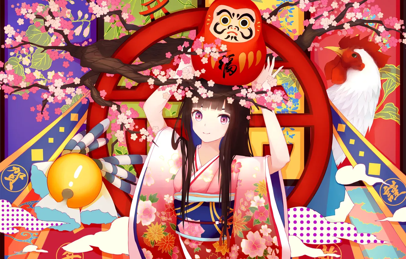 Photo wallpaper kawaii, girl, anime, pretty, sakura, brunette, japanese, kimono