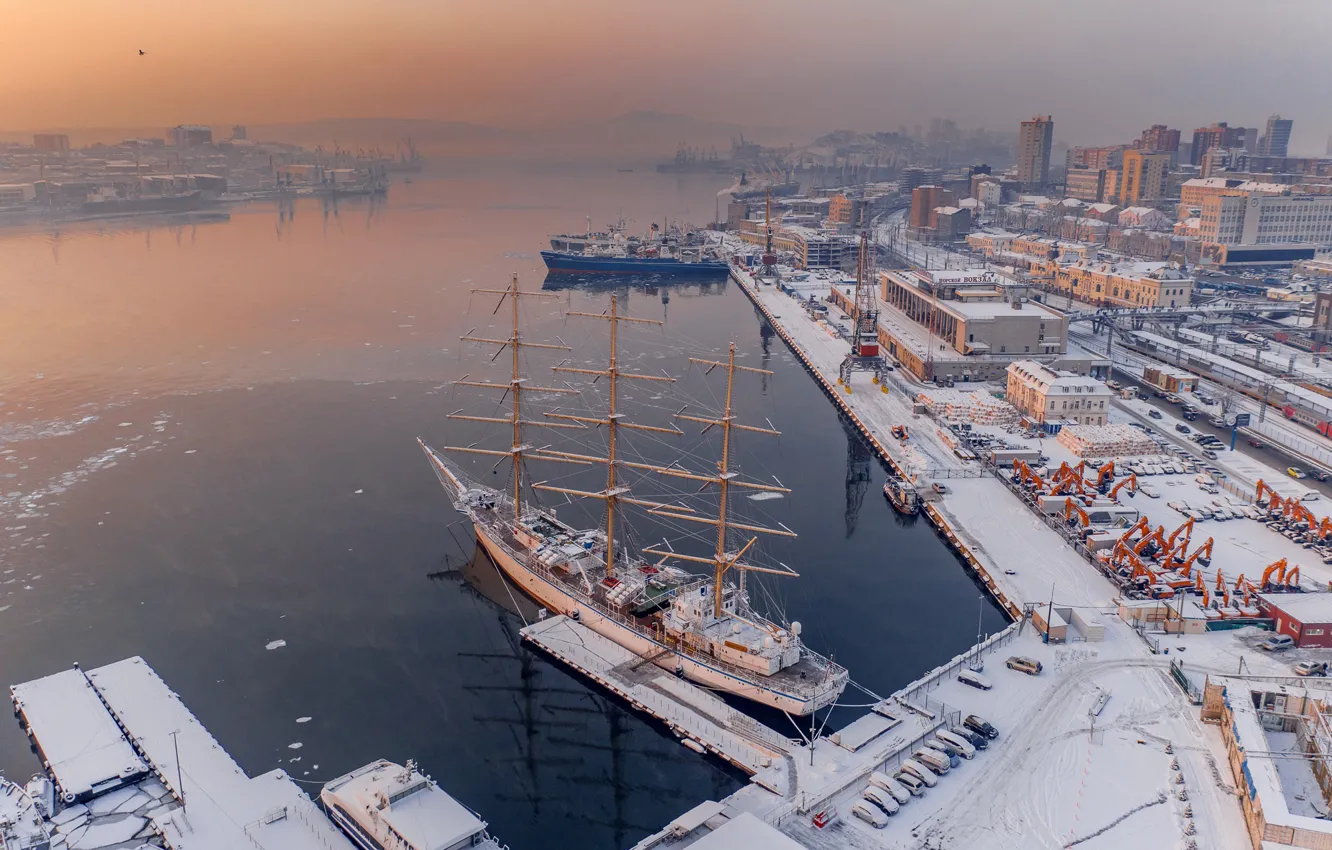 Photo wallpaper winter, sailboat, ships, Bay, port, Russia, Vladivostok, Anton Blokhin