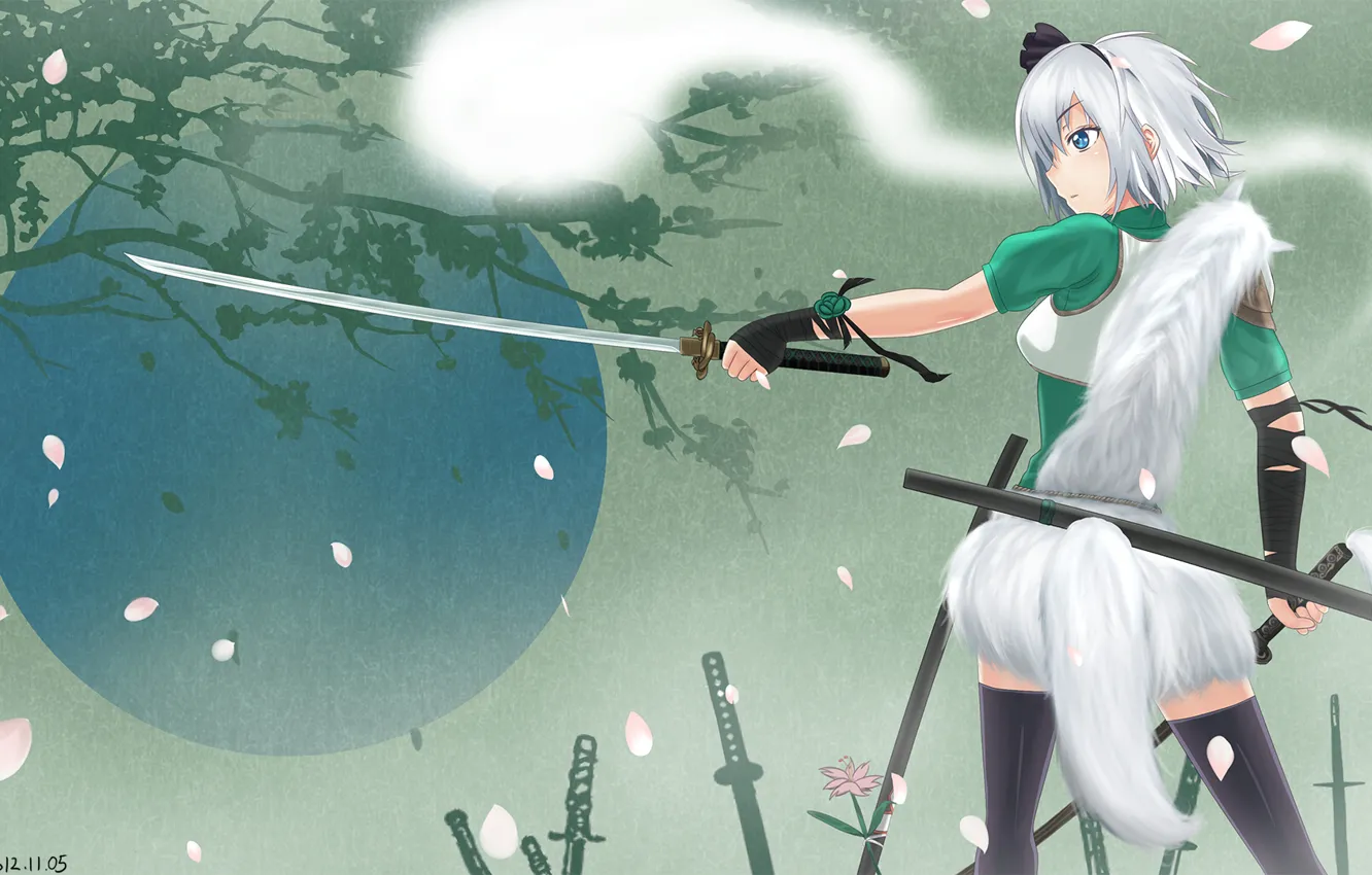 Photo wallpaper girl, tree, spirit, sword, katana, art, tail, touhou