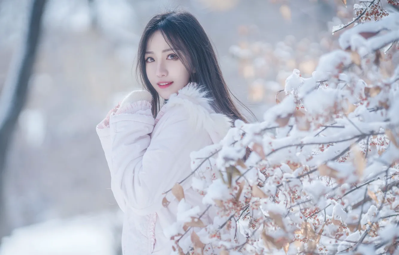 Photo wallpaper snow, branches, Asian, Jacket