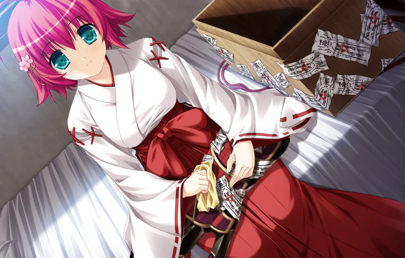 Photo wallpaper look, girl, smile, weapons, box, sitting, yukata, art