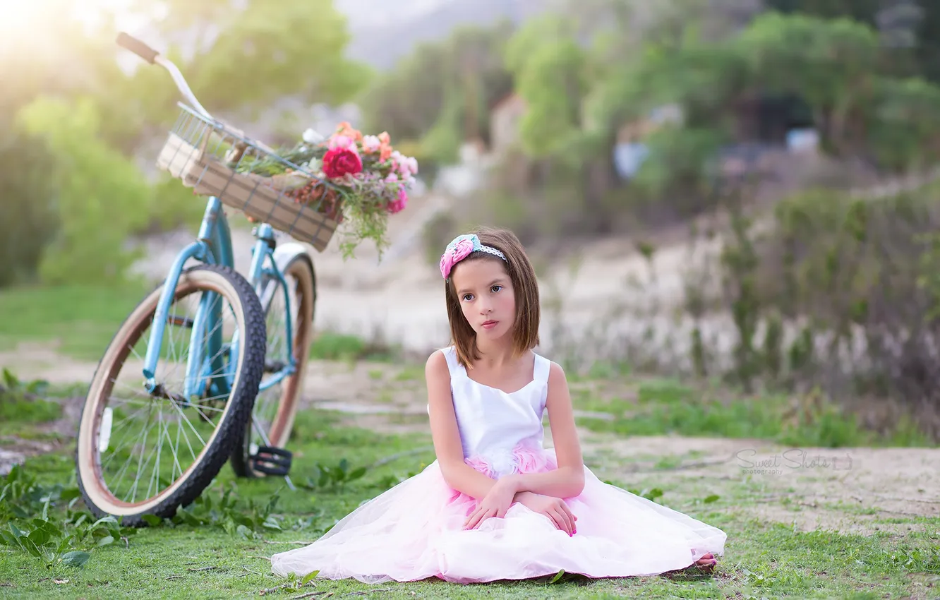 Photo wallpaper flowers, bike, girl