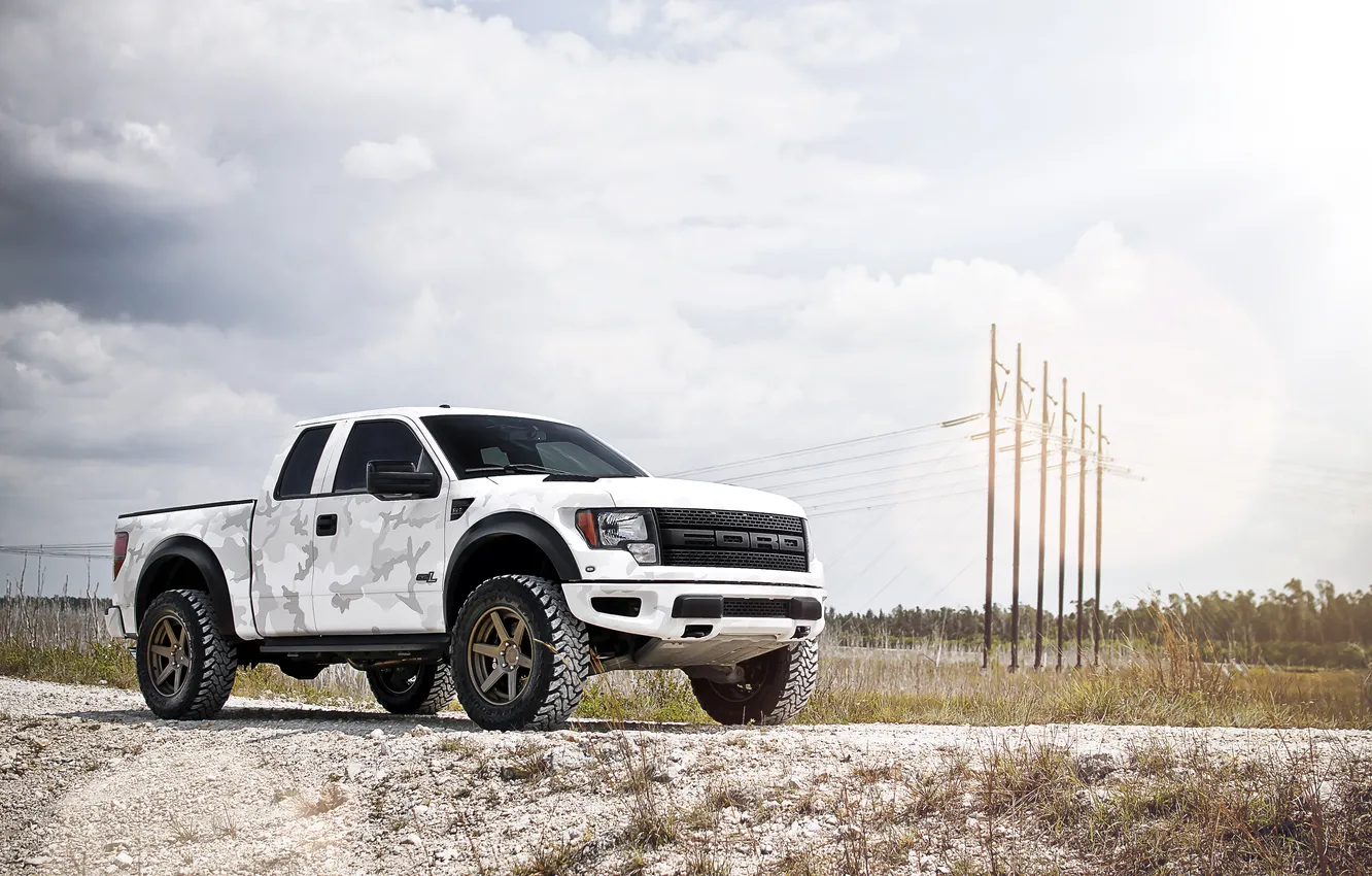 Photo wallpaper white, the sky, the sun, clouds, glare, Ford, white, Ford