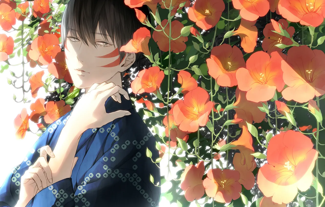 Photo wallpaper anime, flowers, boy, kimono, Hanaen