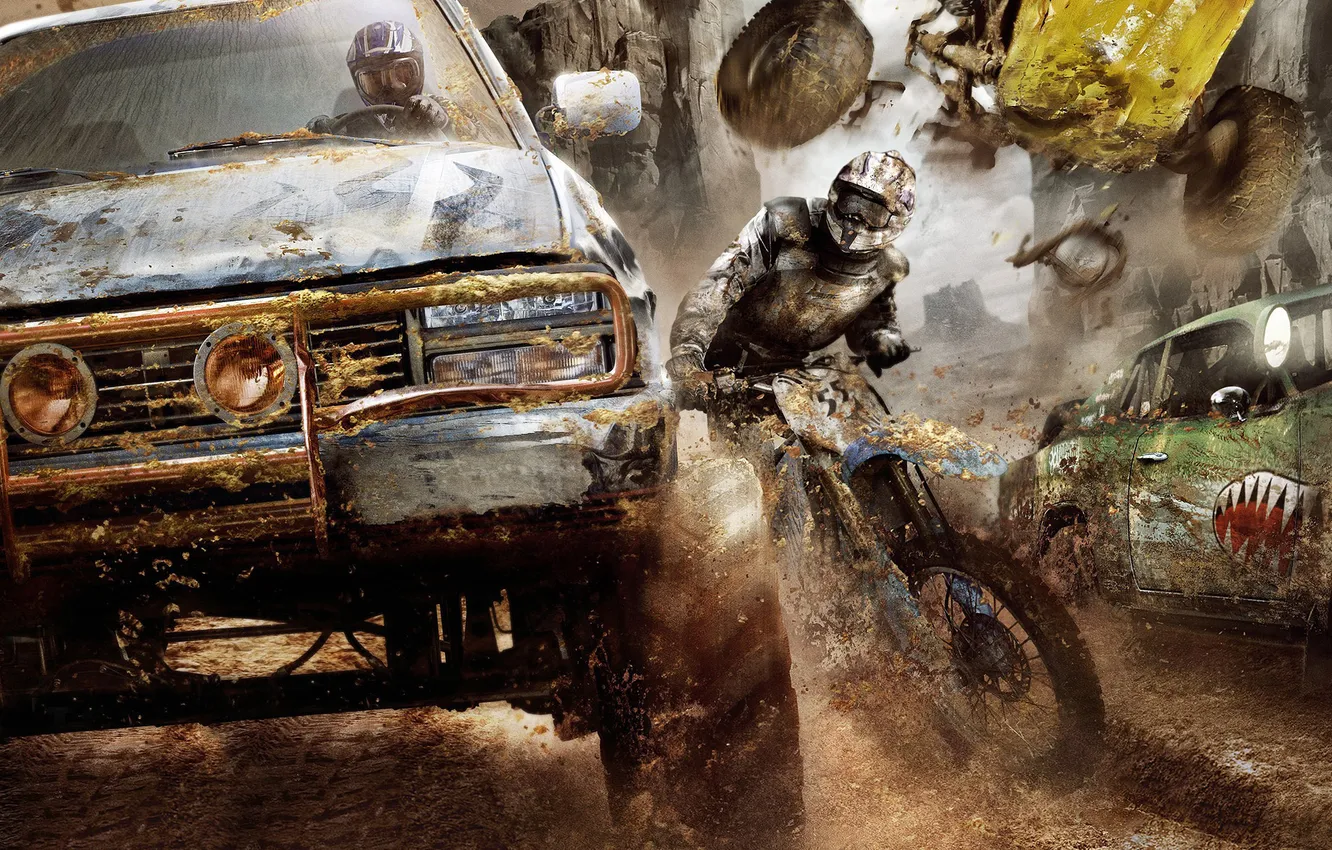 Photo wallpaper machine, race, dirt, motorcycle, apocalypse, MotorStorm