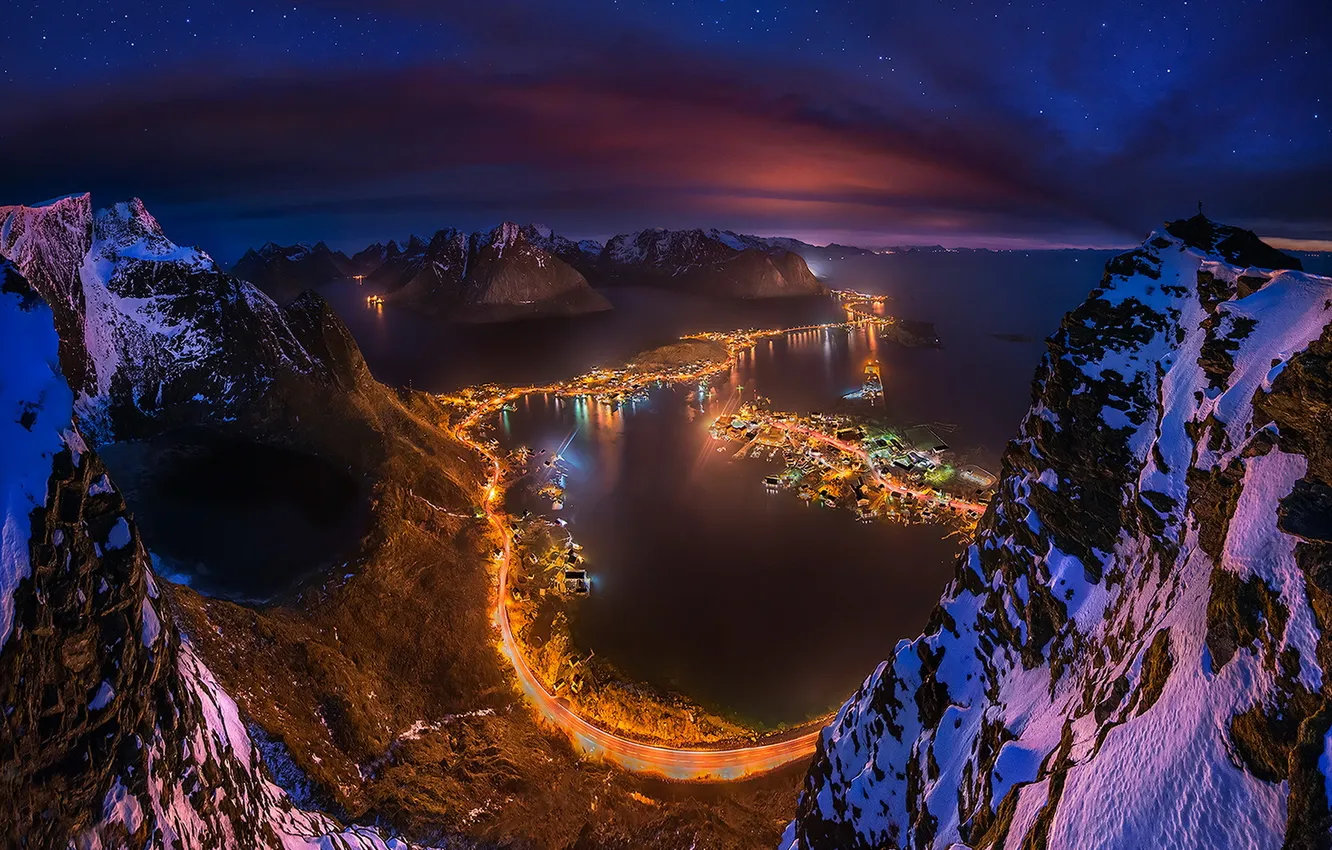 Photo wallpaper mountains, night, lights