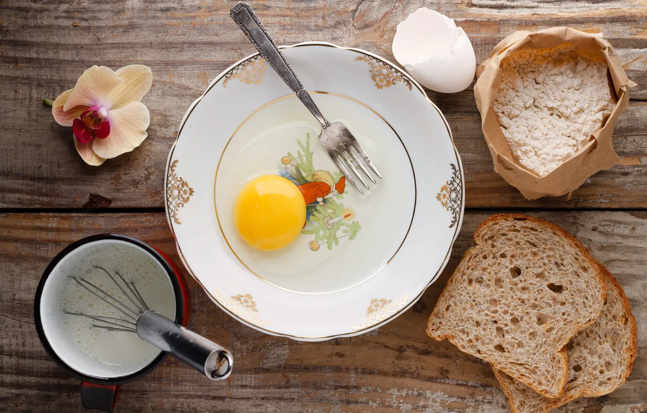 Photo wallpaper egg, milk, plate, bread, plug, Orchid, flour, products