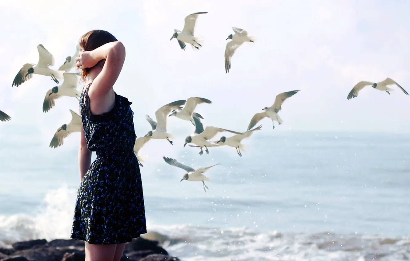 Photo wallpaper girl, birds, the situation