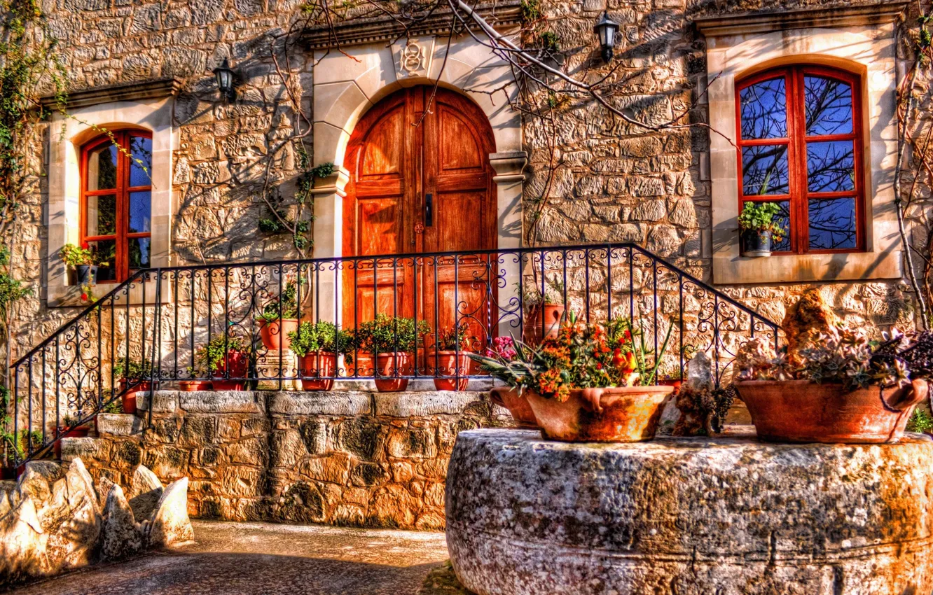 Photo wallpaper flowers, HDR, home, the door, window, porch, facade