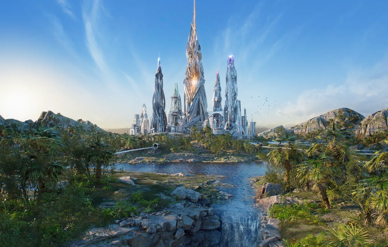 Photo wallpaper rays, vegetation, tower, waterfall, Dreamstate Australia