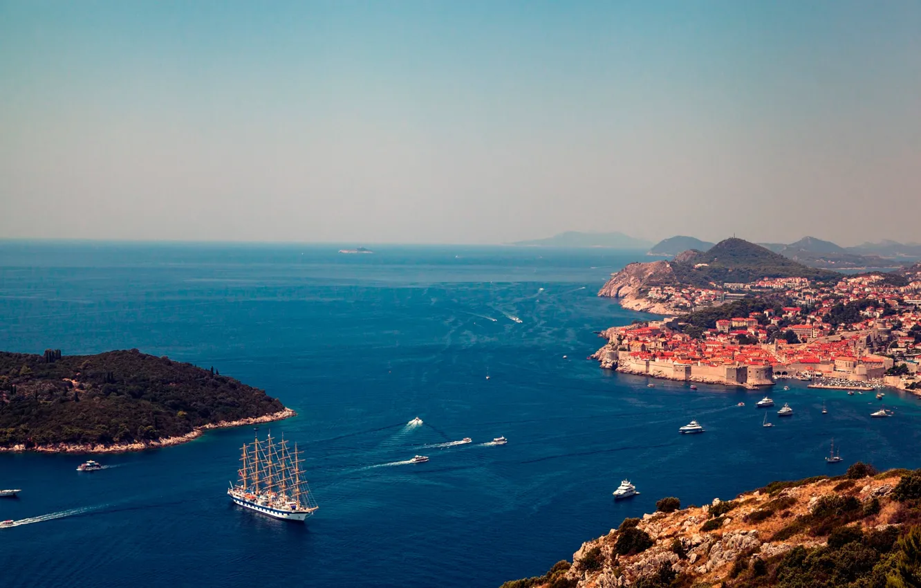 Photo wallpaper sea, the sky, mountains, rocks, coast, ship, home, sailboat