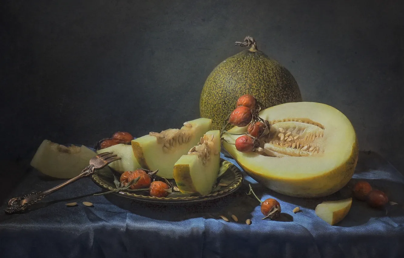 Photo wallpaper table, fruit, plate, briar, plug, still life, slices, tablecloth