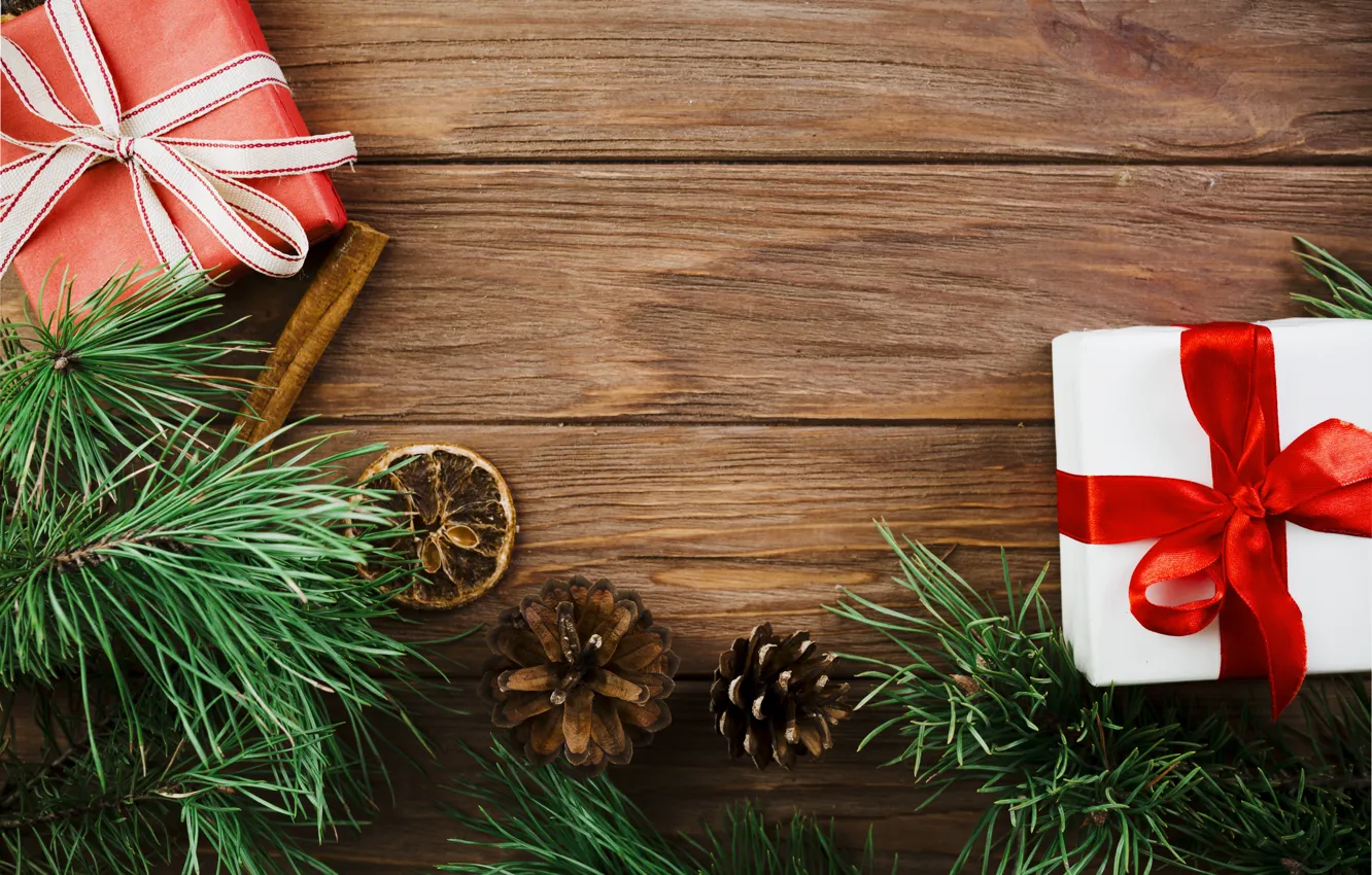 Photo wallpaper gift, tree, new year, Christmas, Christmas, wood, New Year, decoration
