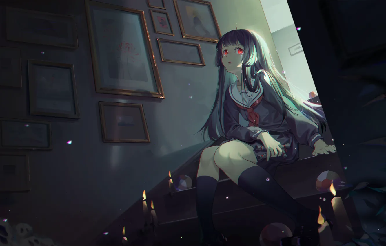 Photo wallpaper girl, skull, picture, candles, ladder, school uniform, Enma Ai, Jigoku Shoujo