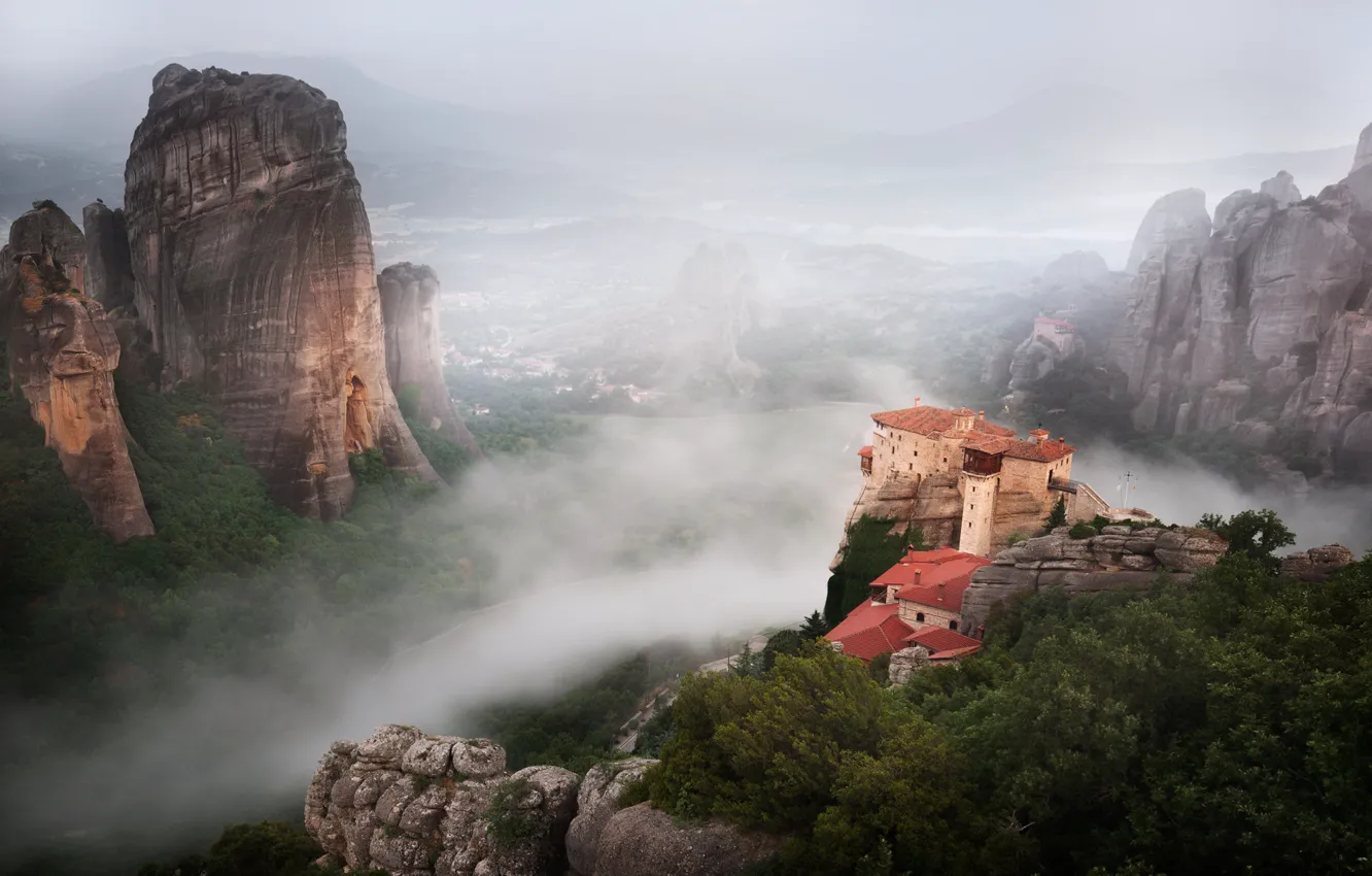 Photo wallpaper landscape, mountains, nature, fog, rocks, vegetation, Greece, haze