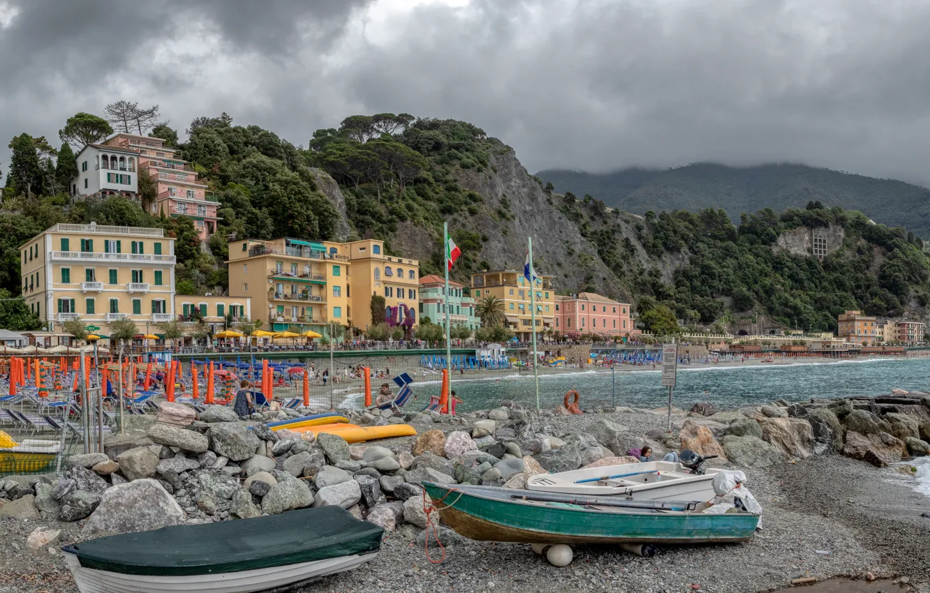 Photo wallpaper sea, forest, beach, clouds, trees, mountains, clouds, stones