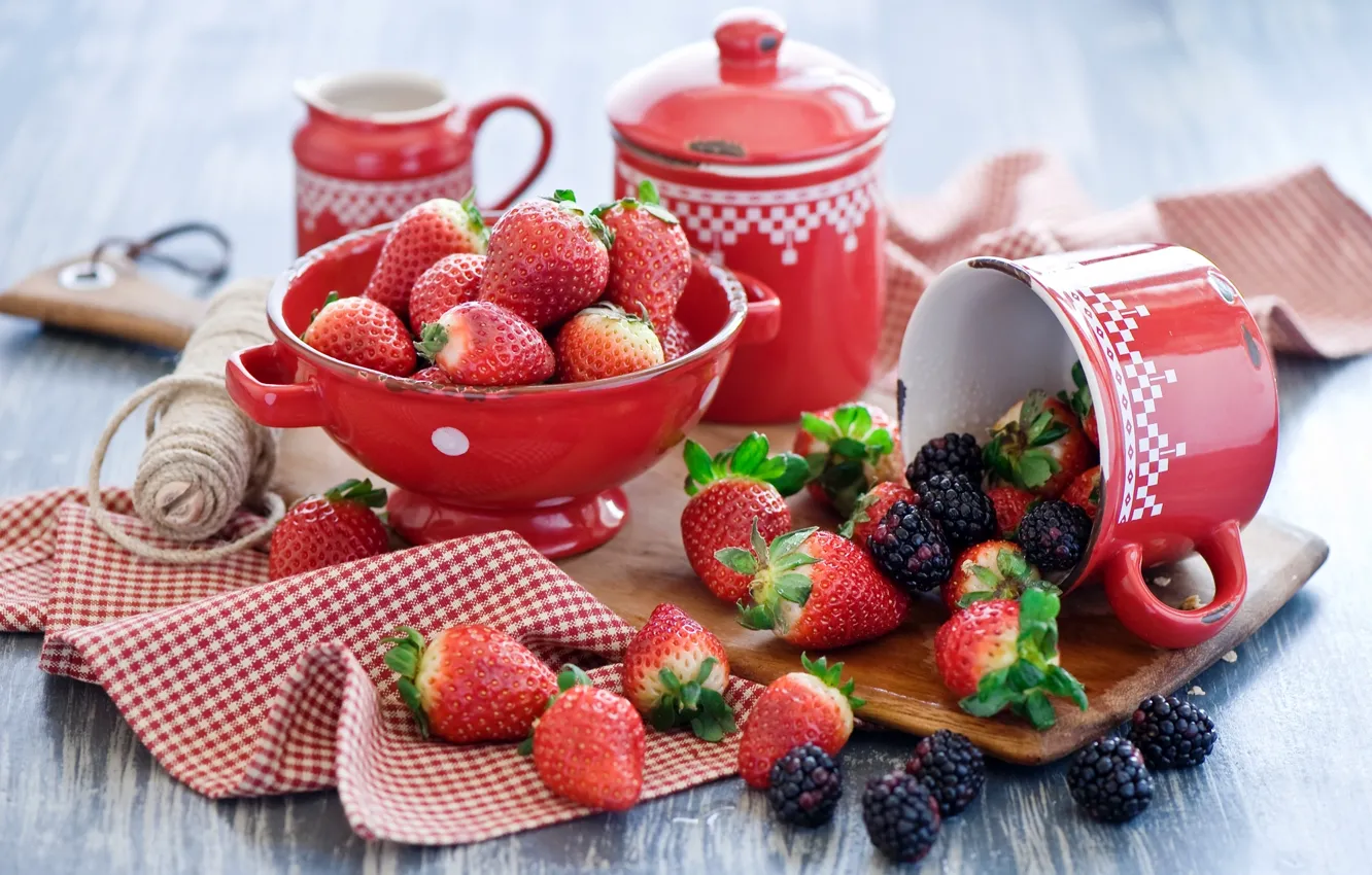 Photo wallpaper summer, berries, strawberry, dishes, BlackBerry