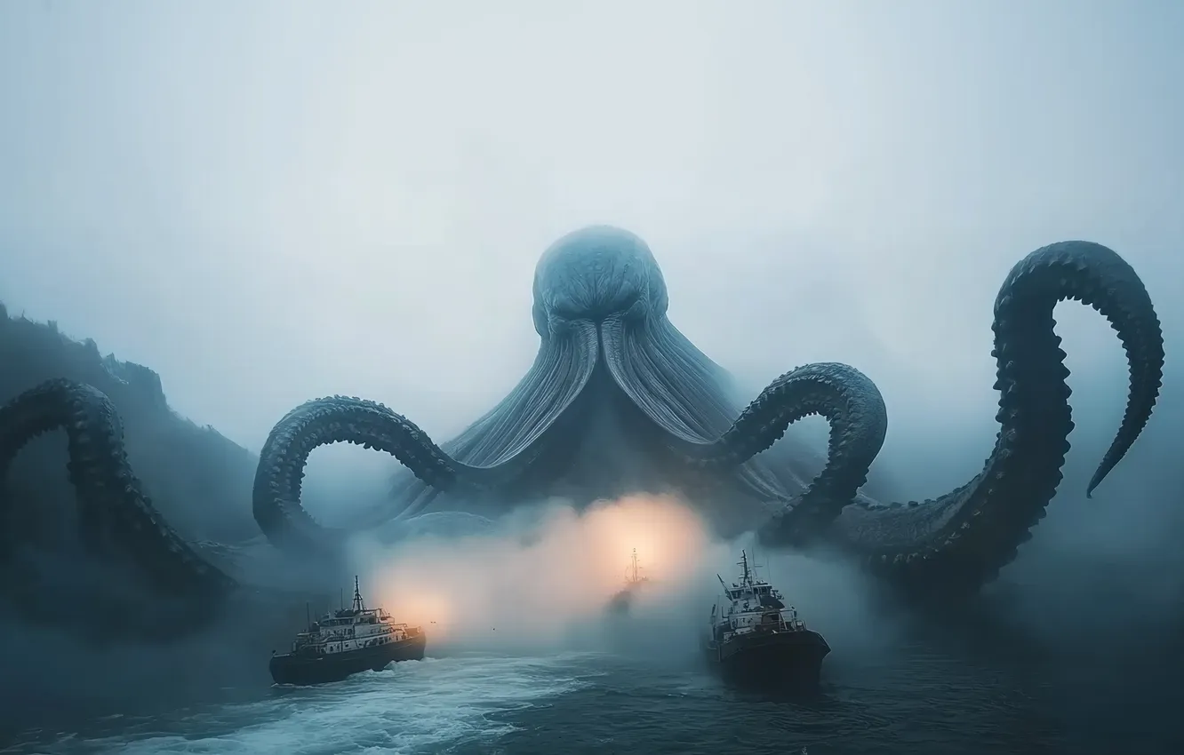 Photo wallpaper Sea, Fog, Ship, Digital art, Sea monster, AI art, The Art of Artificial Intelligence, Neural …