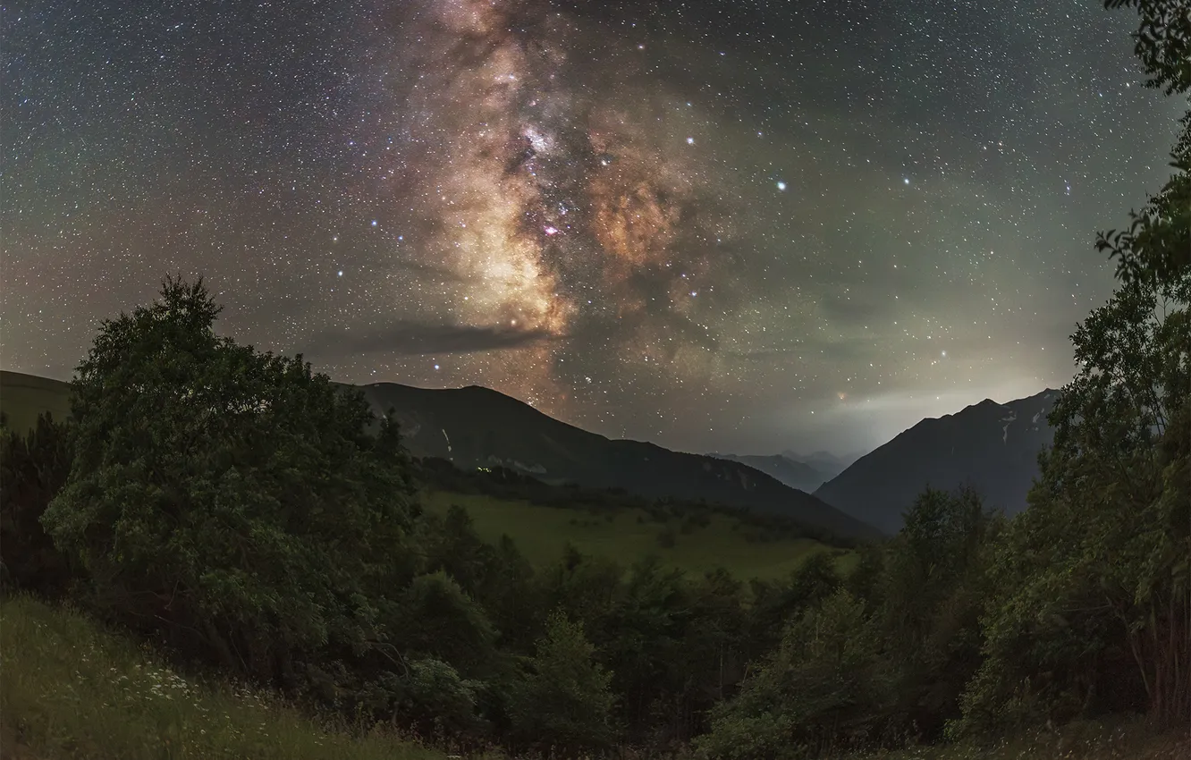 Photo wallpaper stars, mountains, night, galaxy, the beauty of nature, Kudashkina Ksenia, Arkhyz shines over the gorge