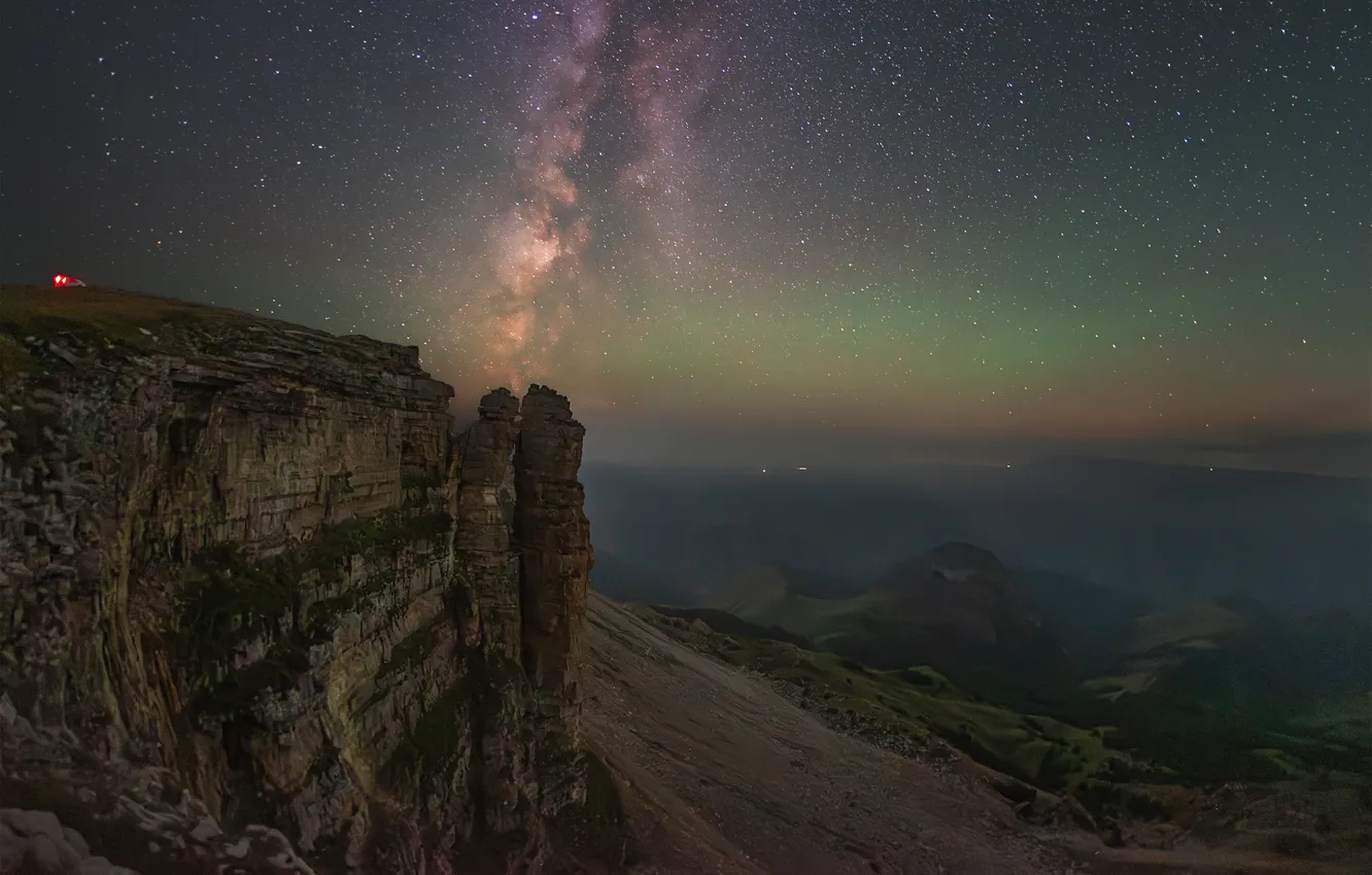 Photo wallpaper stars, night, galaxy, gorge, mountain landscape, Kudashkina Ksenia, Two monks