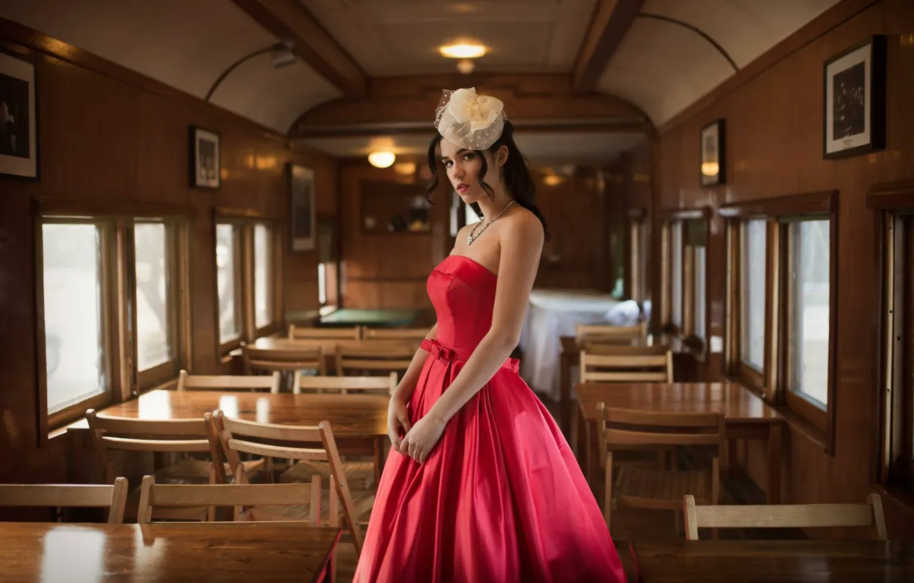 Photo wallpaper girl, red, pose, necklace, dress, beautiful, Kyle Cong