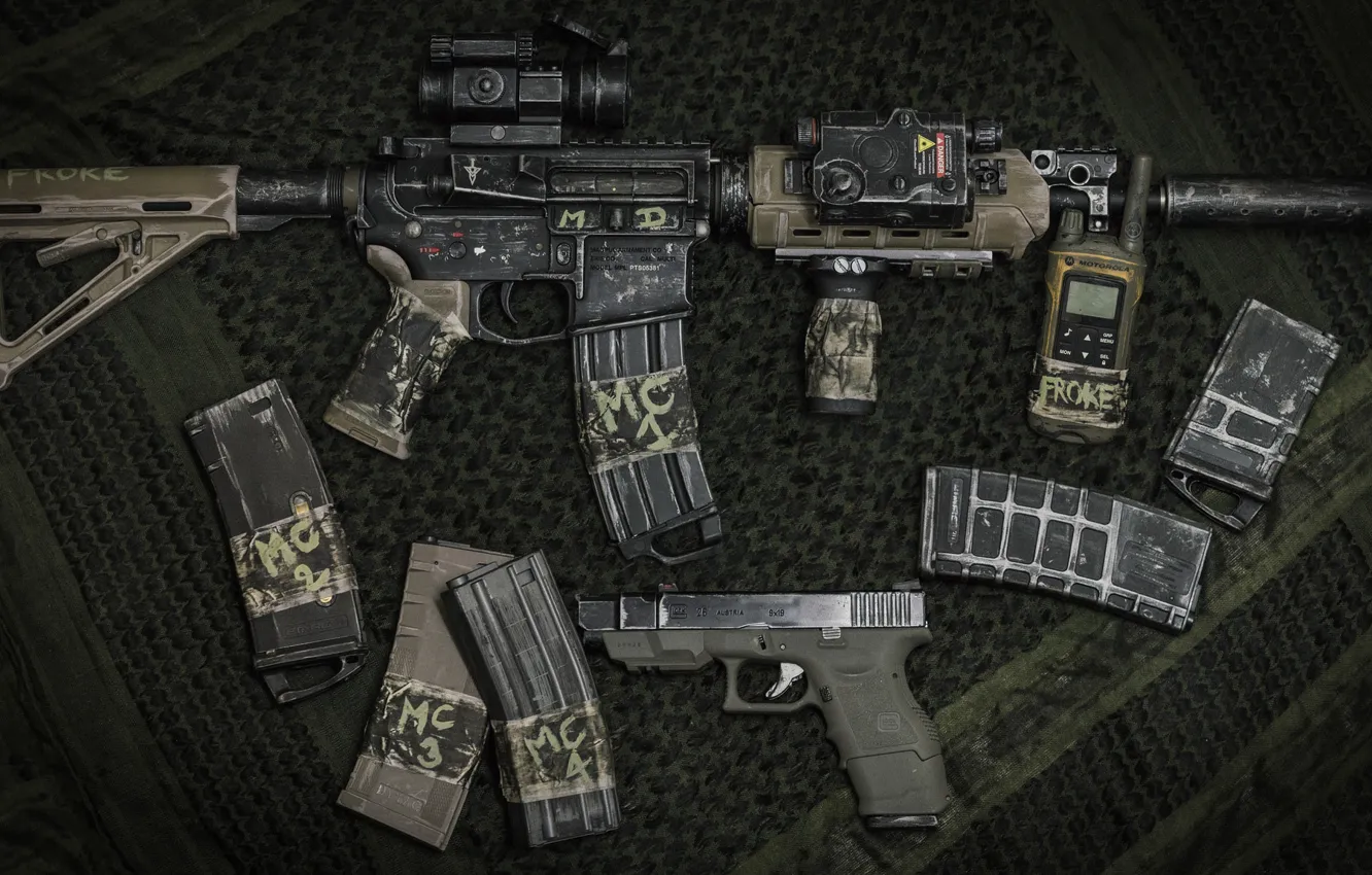 Photo wallpaper weapons, carabiner, Glock 26, assault rifle, radio