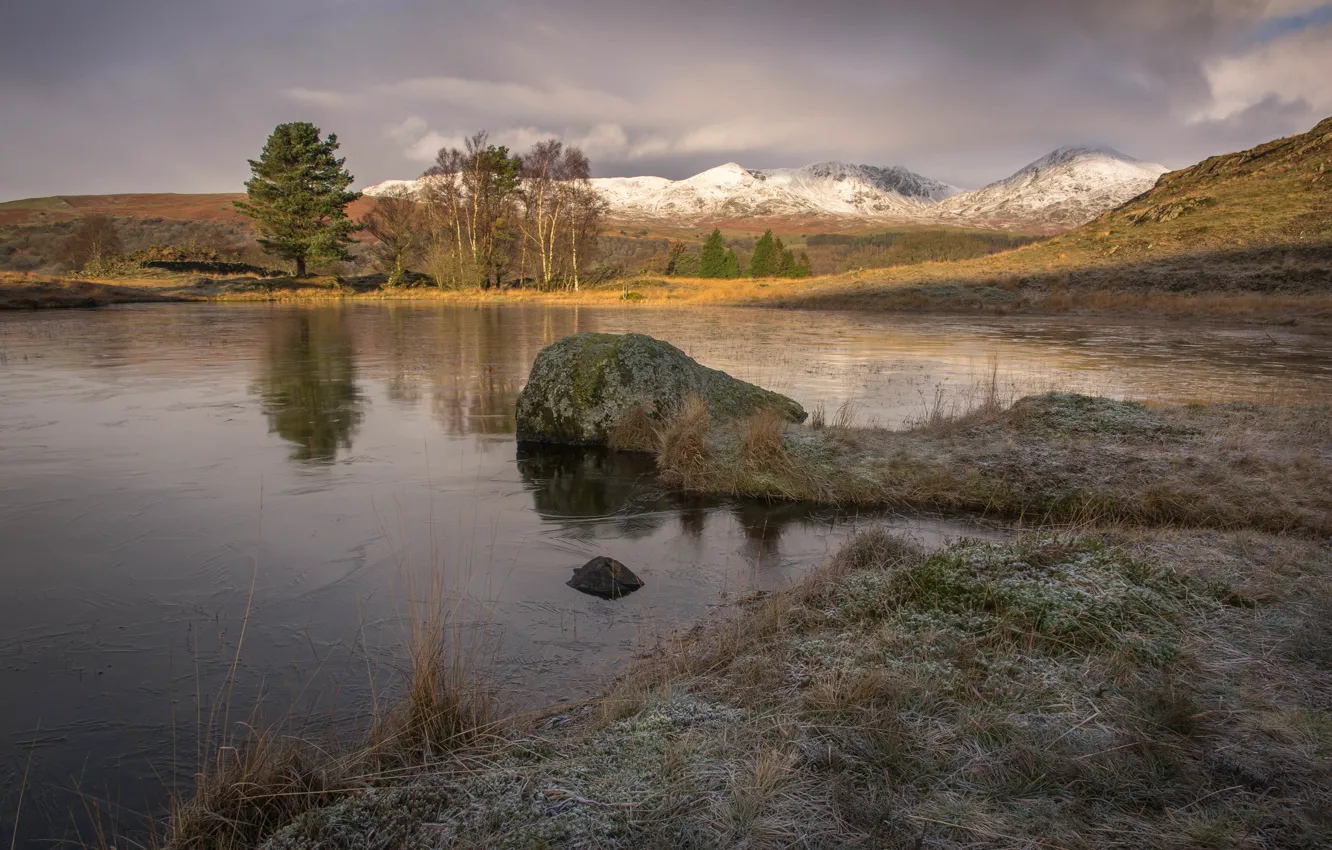 Photo wallpaper the sky, snow, trees, landscape, mountains, lake, stones