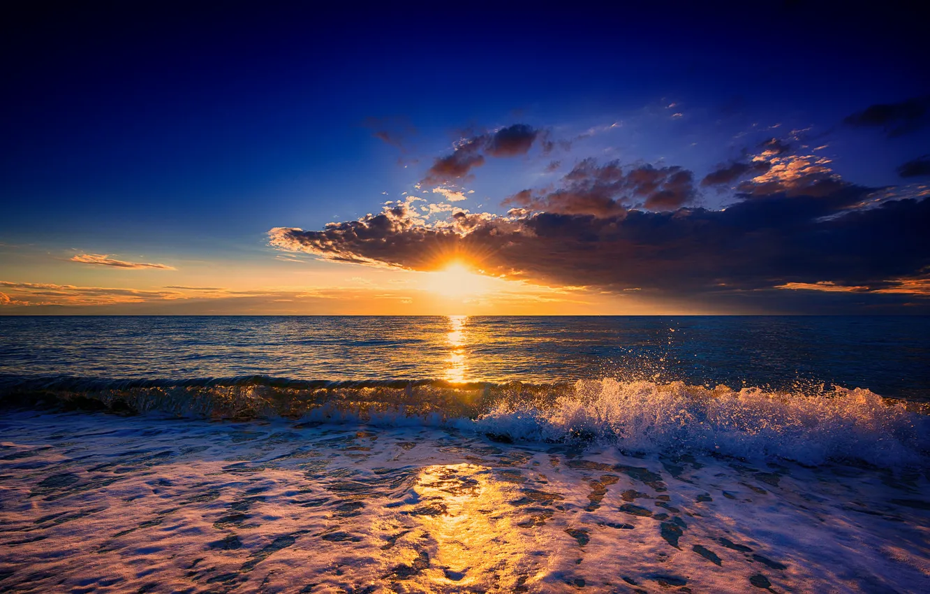 Photo wallpaper sea, the sky, the sun, landscape, sunset, clouds, wave, surf