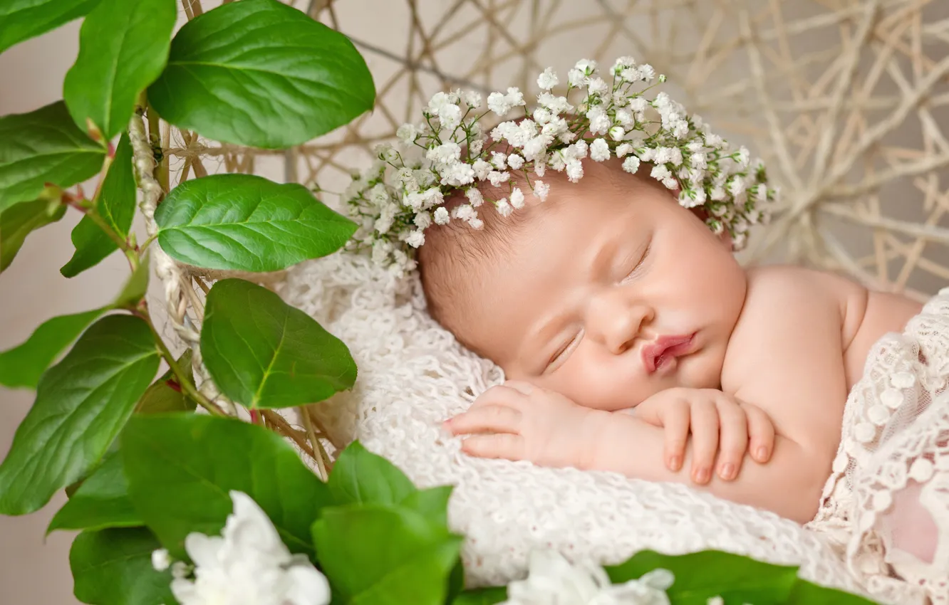 Photo wallpaper flowers, child, colors, garland, Baby, newborn