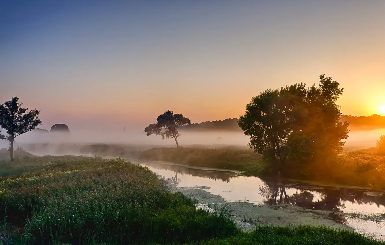 Photo wallpaper landscape, fog, river, morning