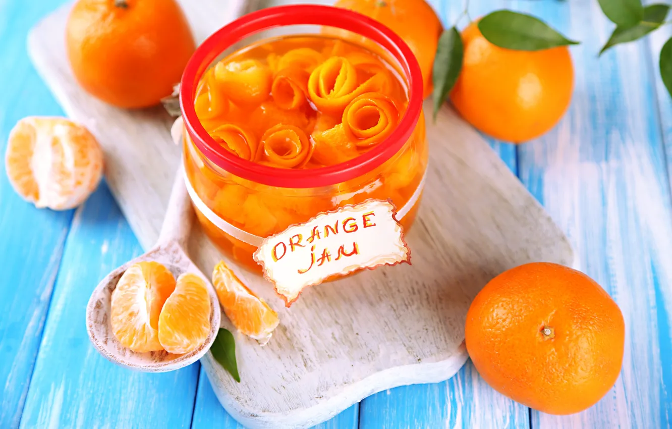 Photo wallpaper Bank, sweet, jam, tangerines, cutting Board