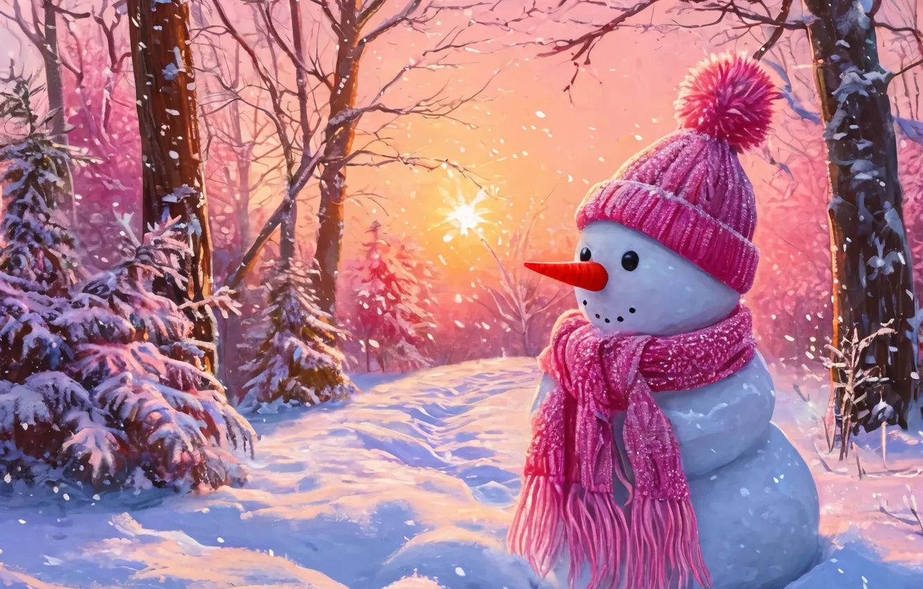 Photo wallpaper new year, snowman, pink