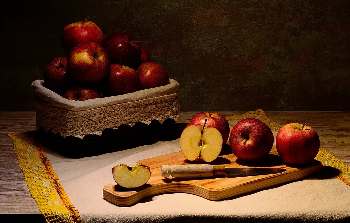 Photo wallpaper light, the dark background, table, apples, towel, knife, still life, box