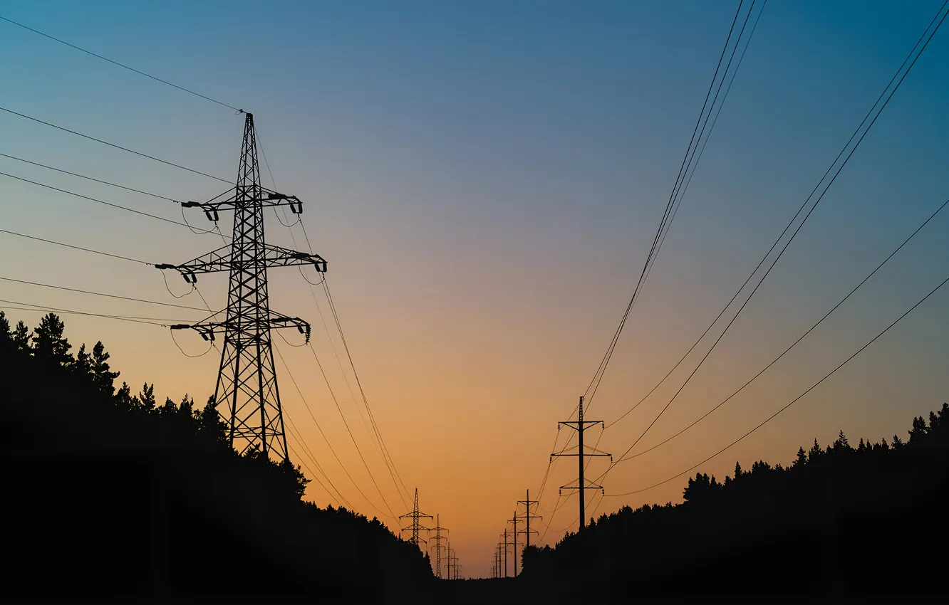 Photo wallpaper sunset, wire, horizon, tower, twilight, power lines