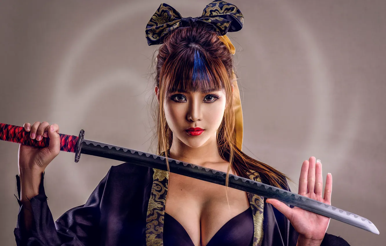 Photo wallpaper chest, look, style, background, sword, katana, Asian, bow